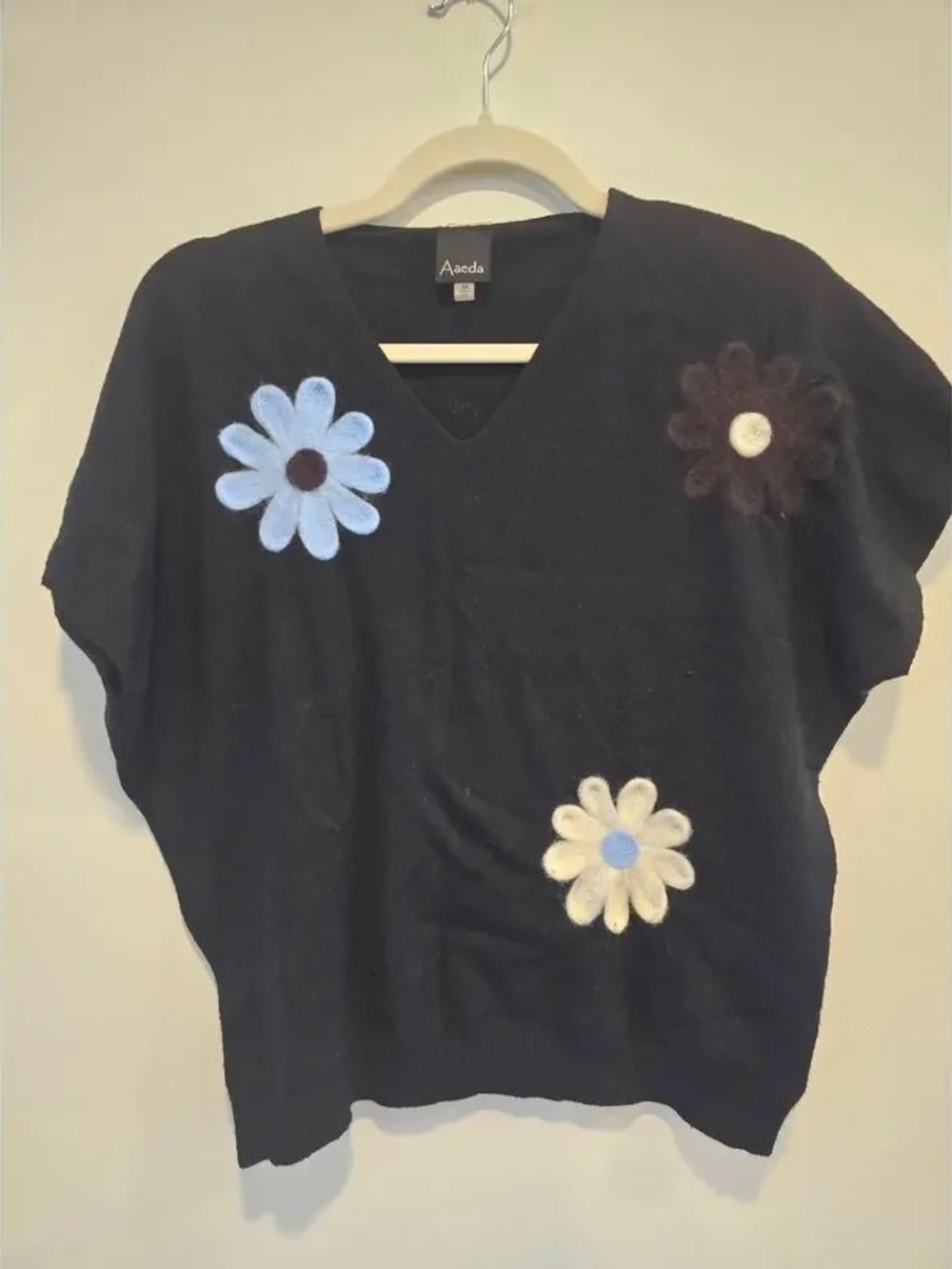 Arcadia Black V-Neck Sweater with Daisy Appliqués